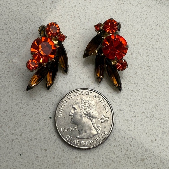 Vintage D&E Juliana Clip On Earrings Orange Rhinestones Mid-Century Modern MCM - Picture 8 of 8